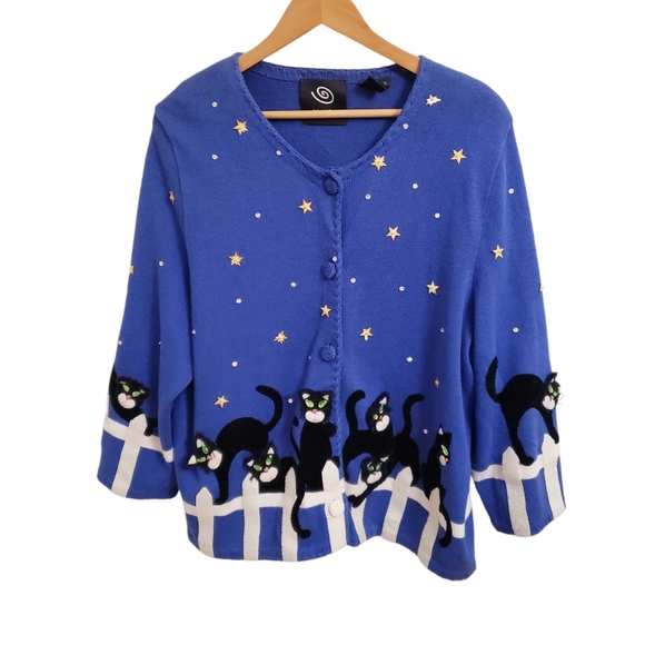 Michael Simon Sweaters - Michael Simon RARE Black Cat on Fence Starry Night Cardigan Sweater, Size XL